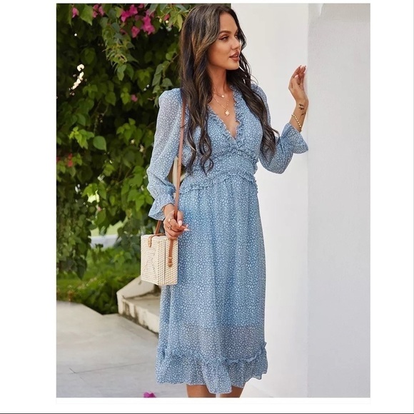 blue dress with long sleeves and ruffles summer dress M - Picture 3 of 7